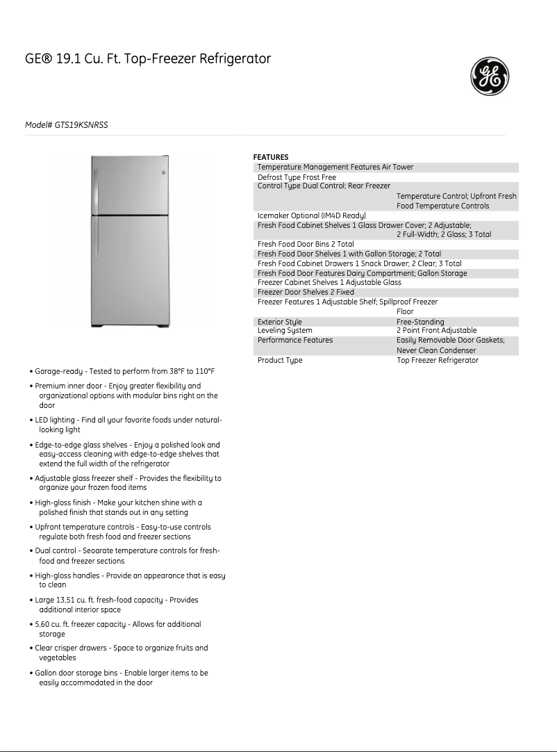 Page 1 of the manual Technical Sheet GE GTS19KSNRSS