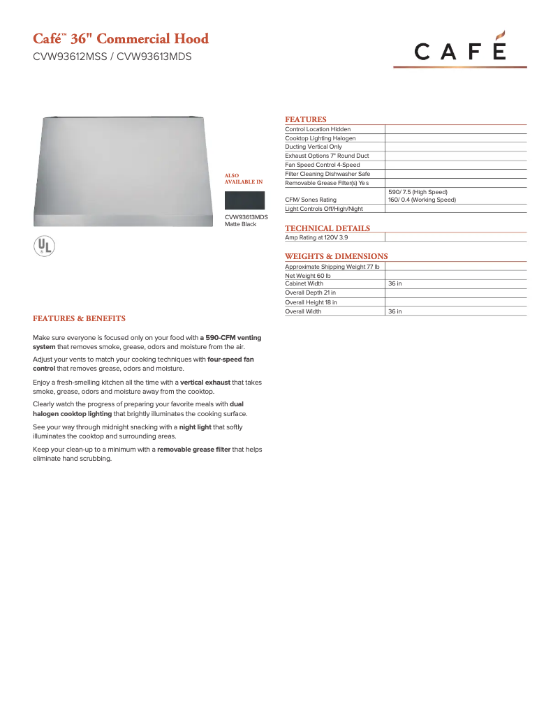 Page n°1 - Fiche technique GE CVW93613MDS