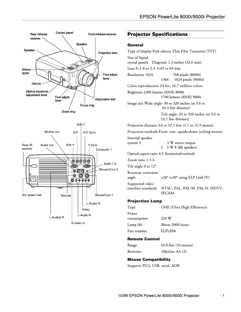 Page 1 de la notice Fiche technique Epson PowerLite 9000NL