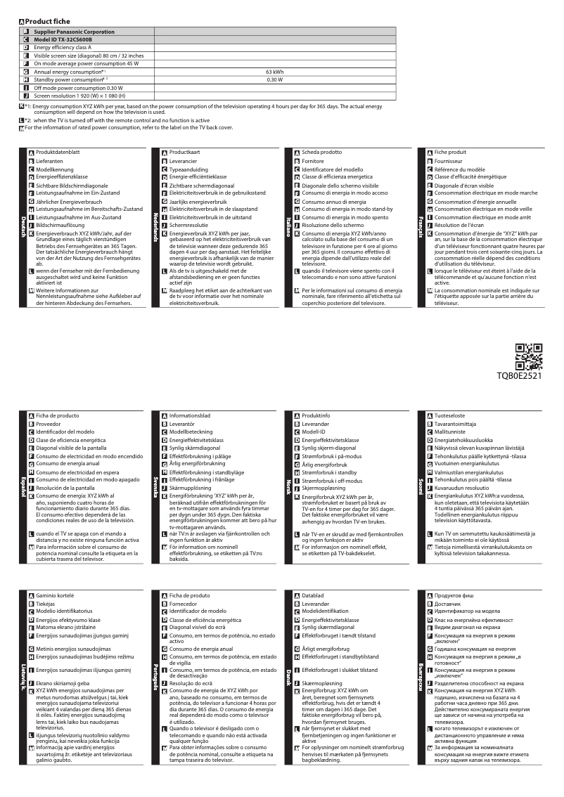 Page 1 of the manual Technical Sheet Panasonic Viera TX-32CS600E