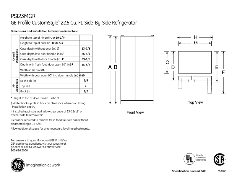 Página 1 del manual Ficha técnica GE Profile CustomStyle PSI23MGRCV