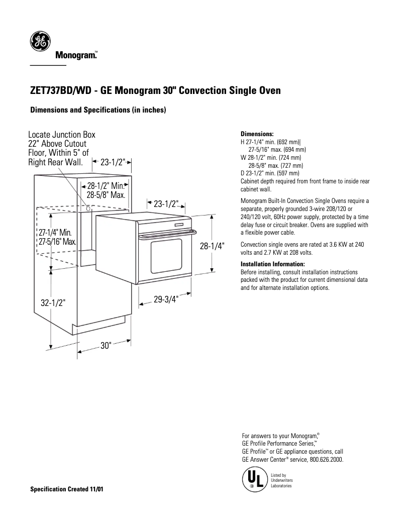 Page 1 de la notice Fiche technique GE ZET737BDBB