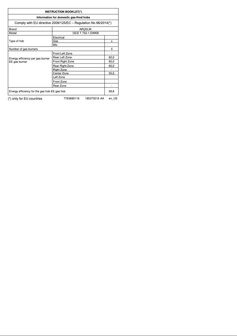 Page 1 de la notice Manuel utilisateur Arçelik OCD T 752-1 DWKB