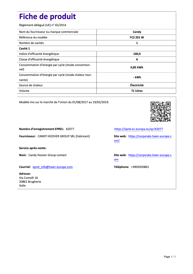 Page 1 de la notice Manuel utilisateur Candy FCS 201 W
