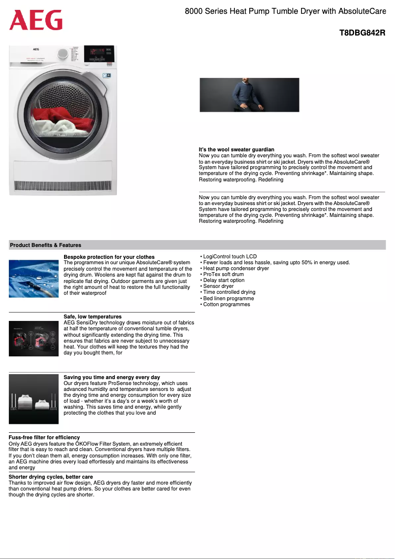 Page 1 de la notice Fiche technique AEG T8DBG842R