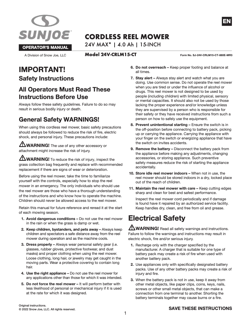 Page 1 of the manual User Manual Sun Joe 24V-CRLM15-CT