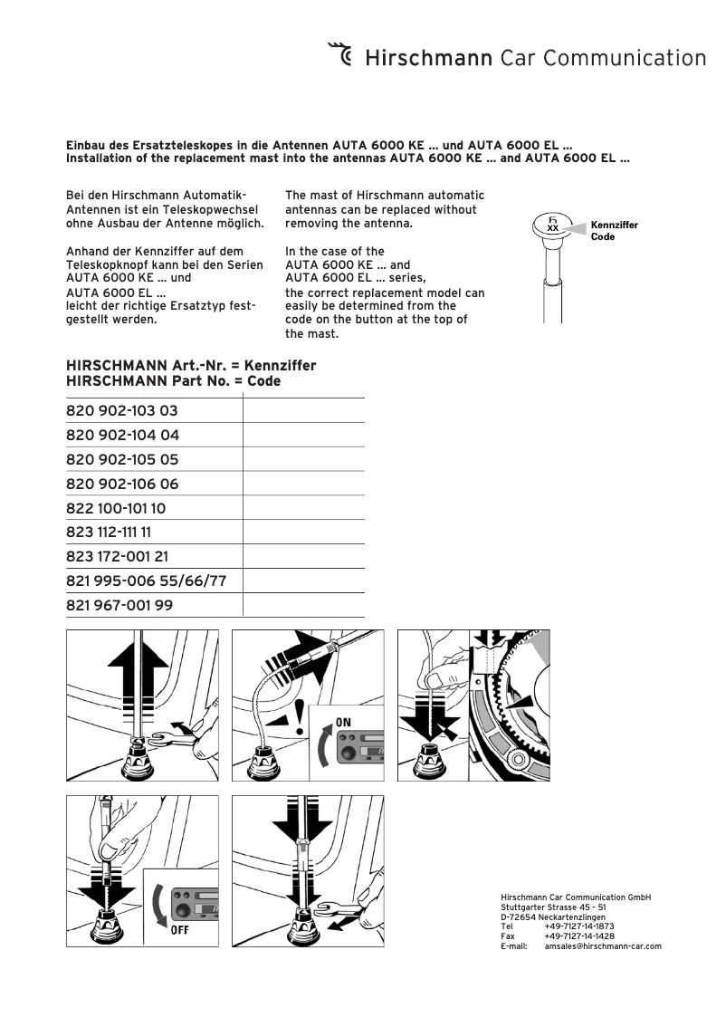 Page 1 de la notice Manuel utilisateur Hirschmann Replacement rod Code 11