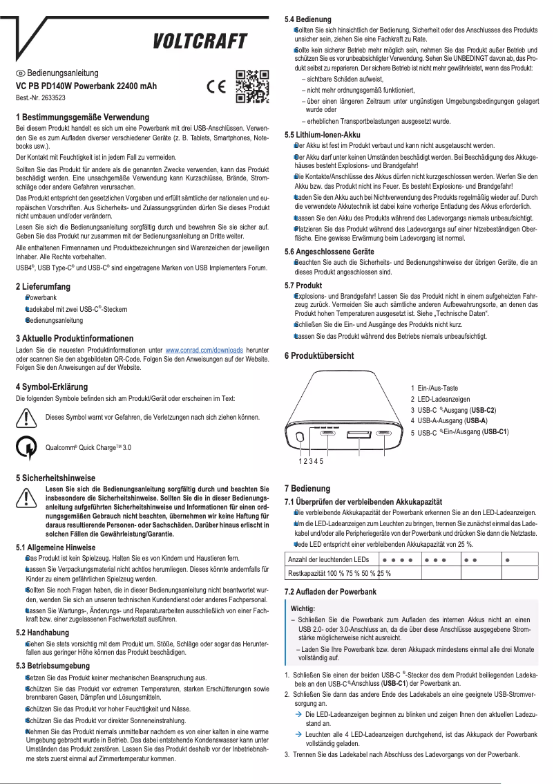 Page 1 de la notice Manuel utilisateur Voltcraft VC PB PD140W
