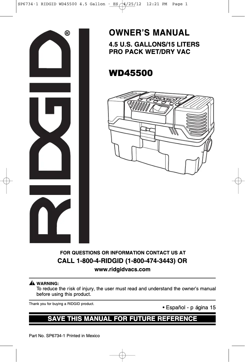 Página 1 del manual Manual de usuario Ridgid ProPack VT1781