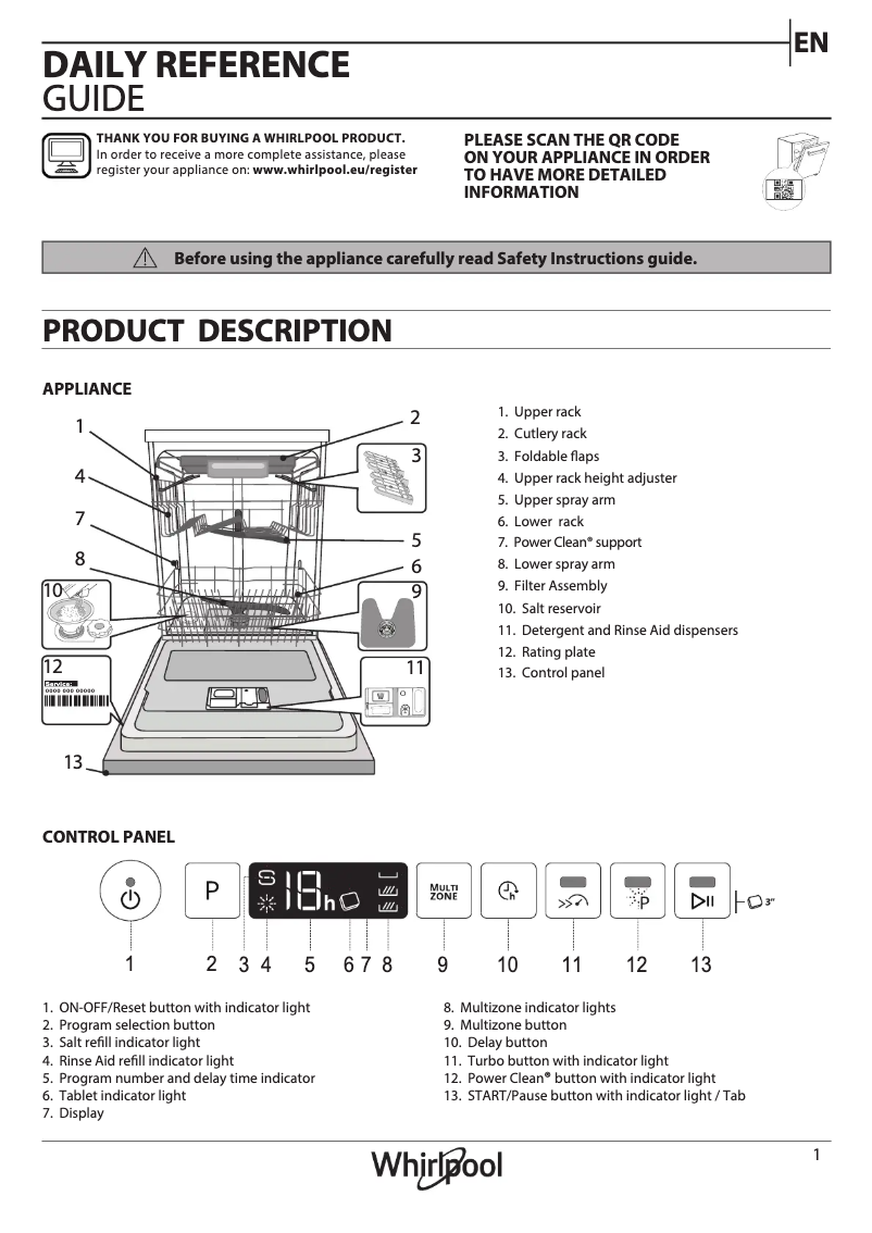 Page 1 de la notice Guide de démarrage rapide Whirlpool W0I D751A X
