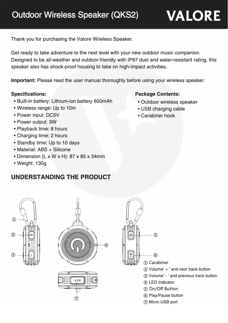 Page 1 de la notice Manuel utilisateur Valore QKS2