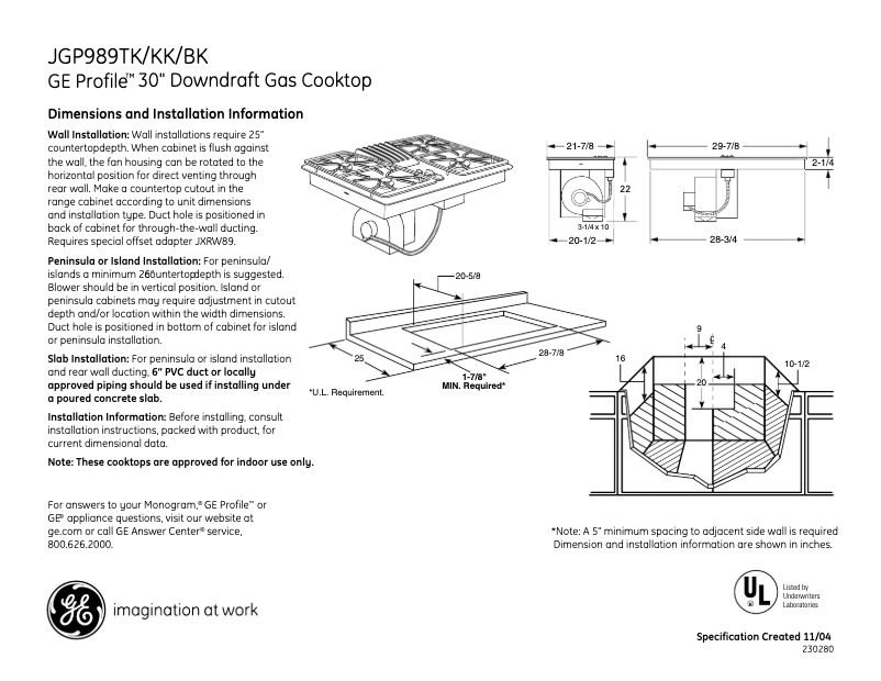 Page 1 of the manual Technical Sheet GE Profile JGP989KKCC