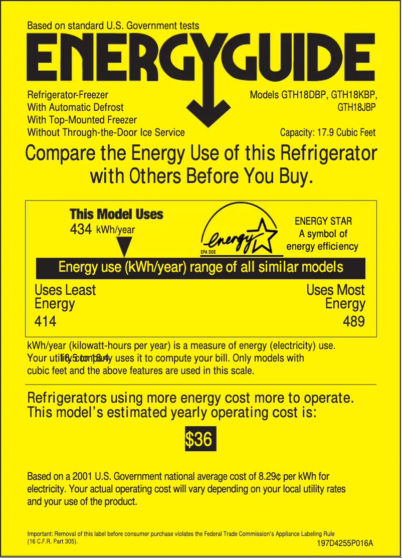 Page n°1 - Label énergétique GE GTH18KBPWW