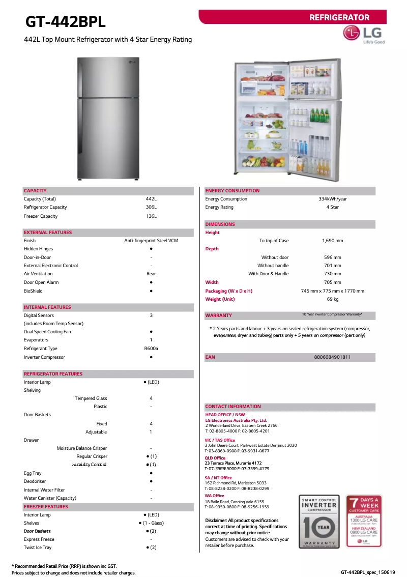 Page 1 de la notice Fiche technique LG GT-442BPL
