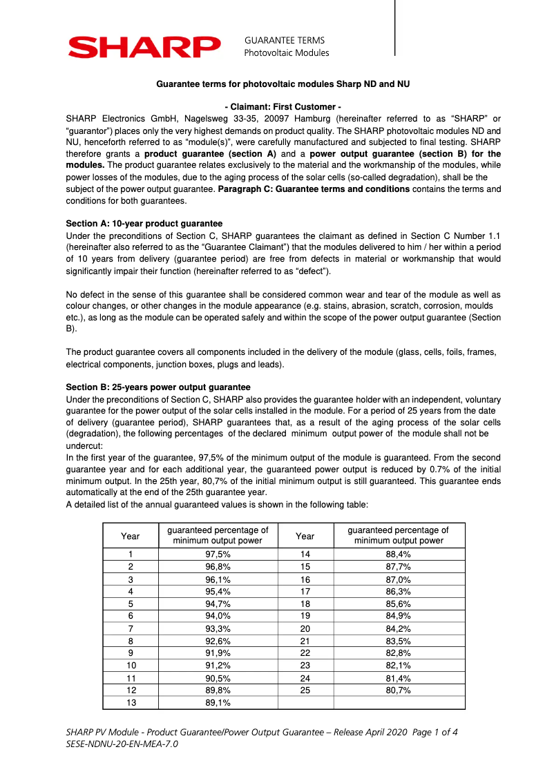 Page 1 de la notice Informations de garantie Sharp NUJC370