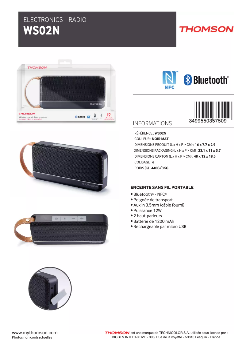 Page 1 de la notice Fiche technique Thomson WS02N