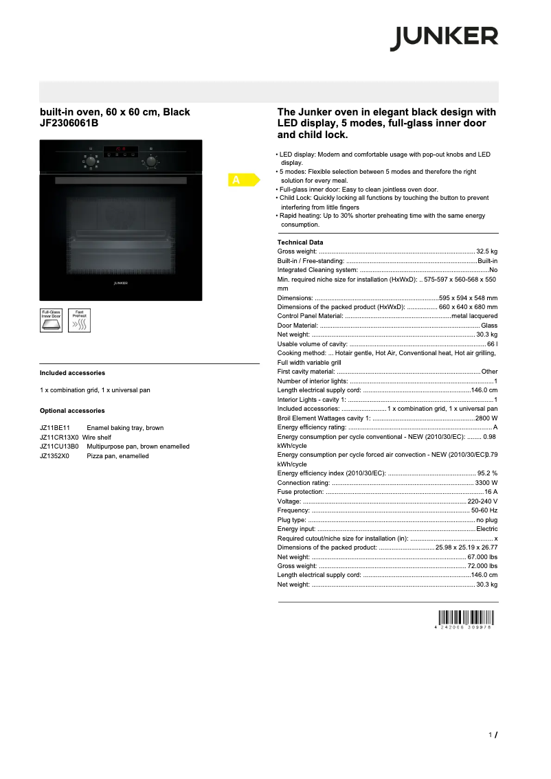 Page 1 de la notice Fiche technique Junker JF2306061B