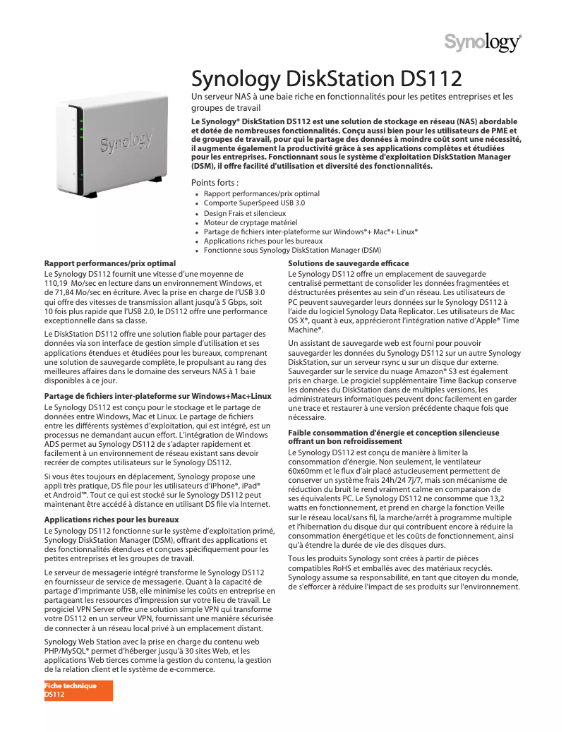 Page 1 of the manual Technical Sheet Synology DiskStation DS112J