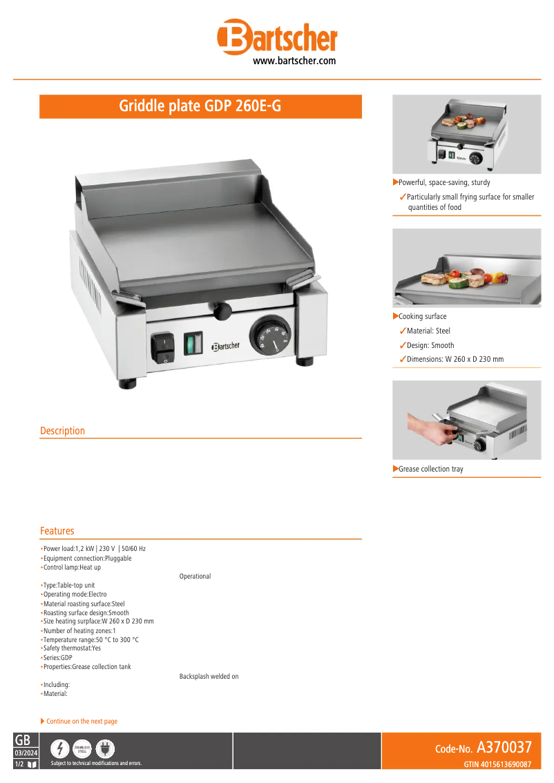 Página 1 del manual Ficha técnica Bartscher GDP 260E-G