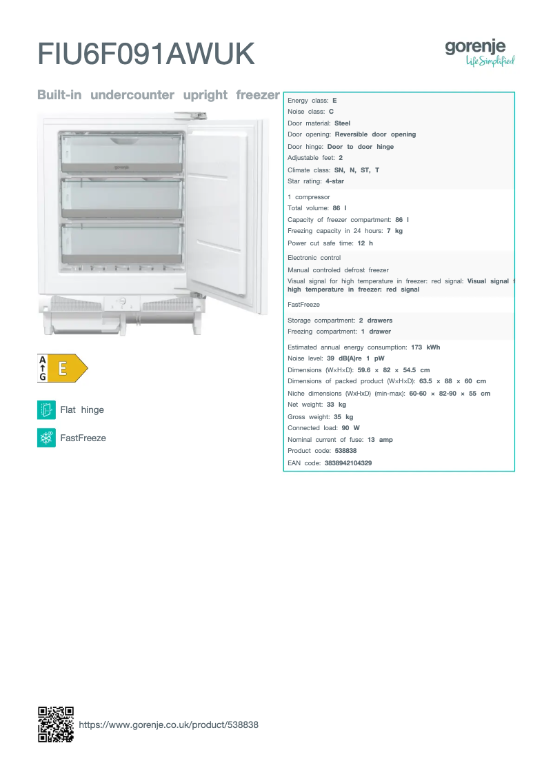 Page 1 of the manual Technical Sheet Gorenje FIU6F091AWUK