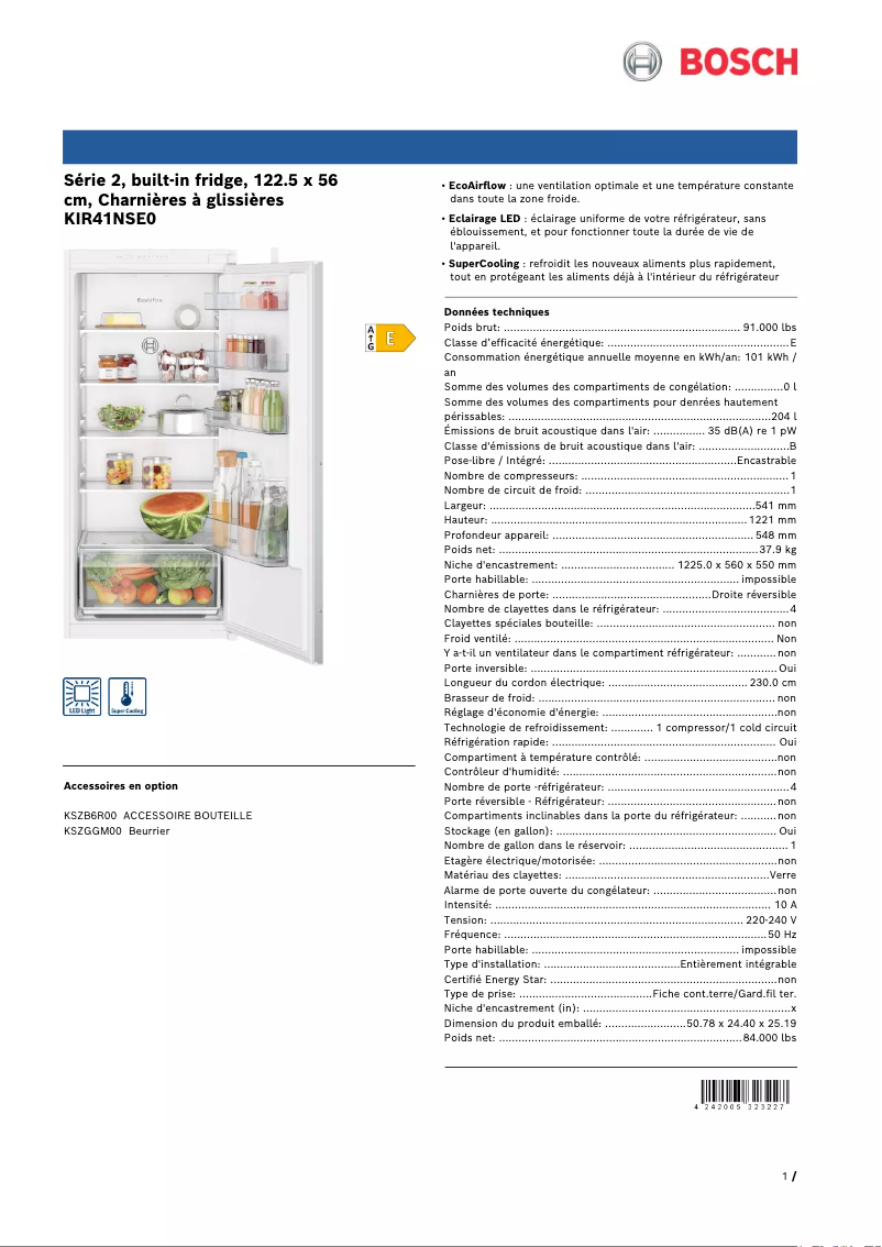 Page 1 of the manual Technical Sheet Bosch KIR41NSE0