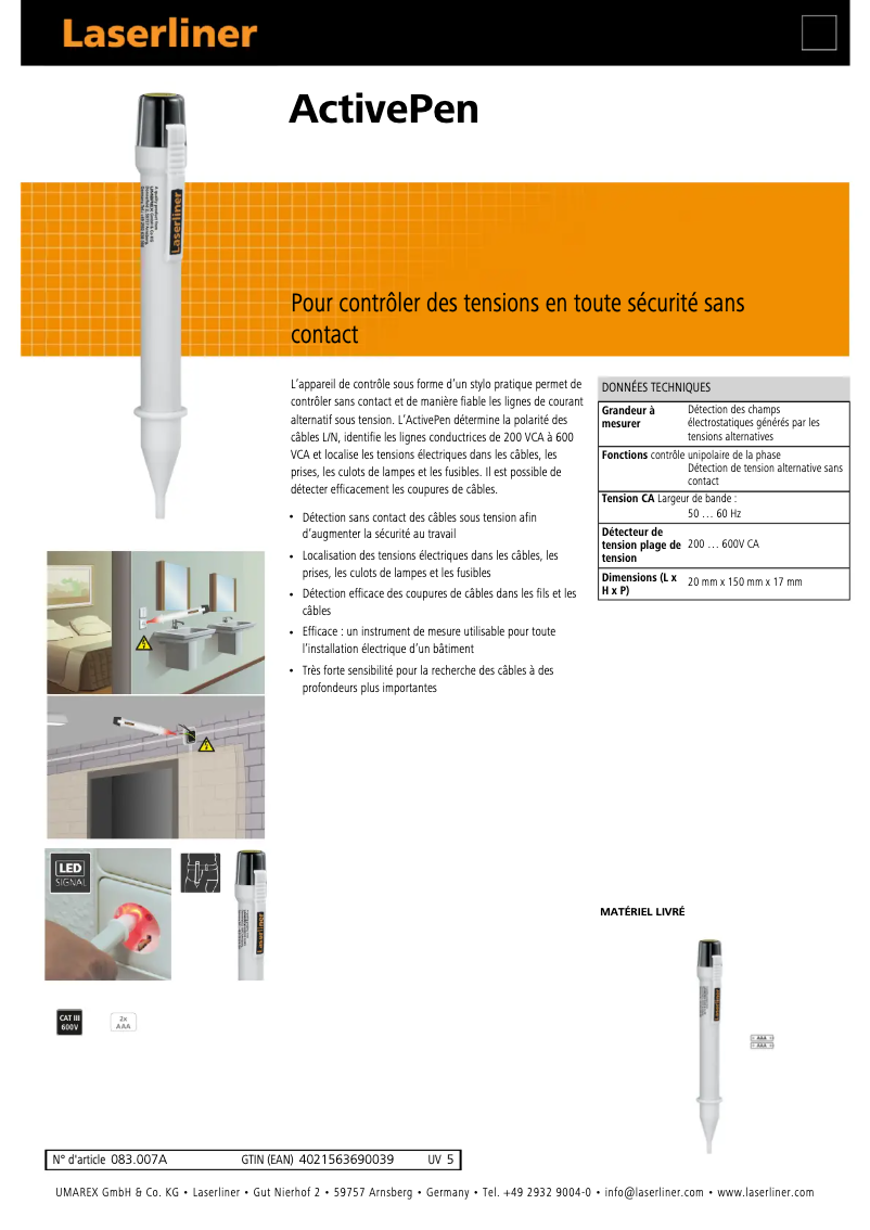 Page 1 de la notice Fiche technique Laserliner ActivePen