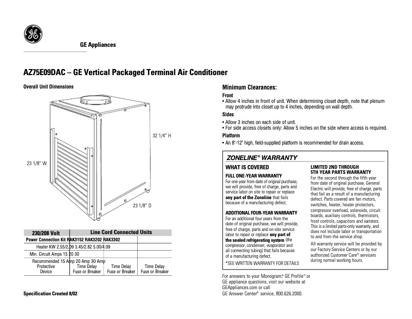Page 1 de la notice Fiche technique GE AZ75E09DAC