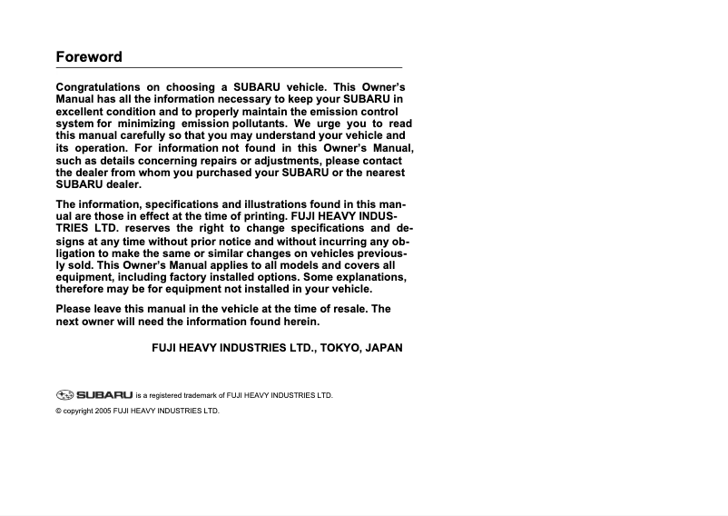 Page 1 de la notice Manuel utilisateur Subaru Impreza WRX (2006)