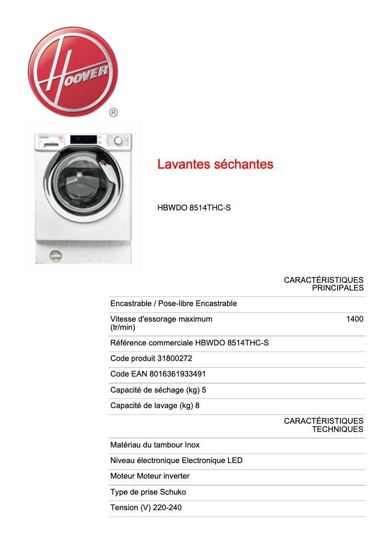 Página 1 del manual Ficha técnica Hoover HBWDO 8514THC-S