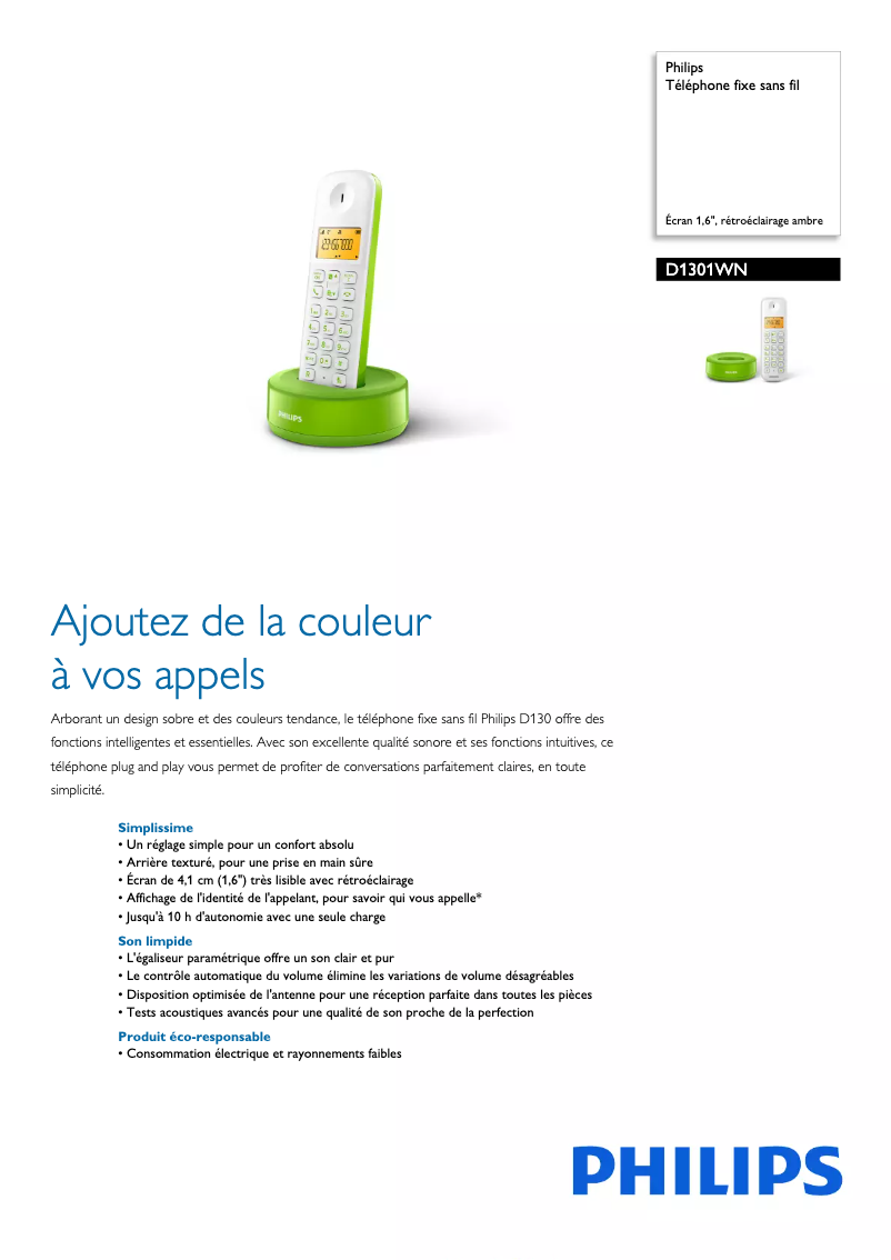 Página 1 del manual Ficha técnica Philips D1301WN
