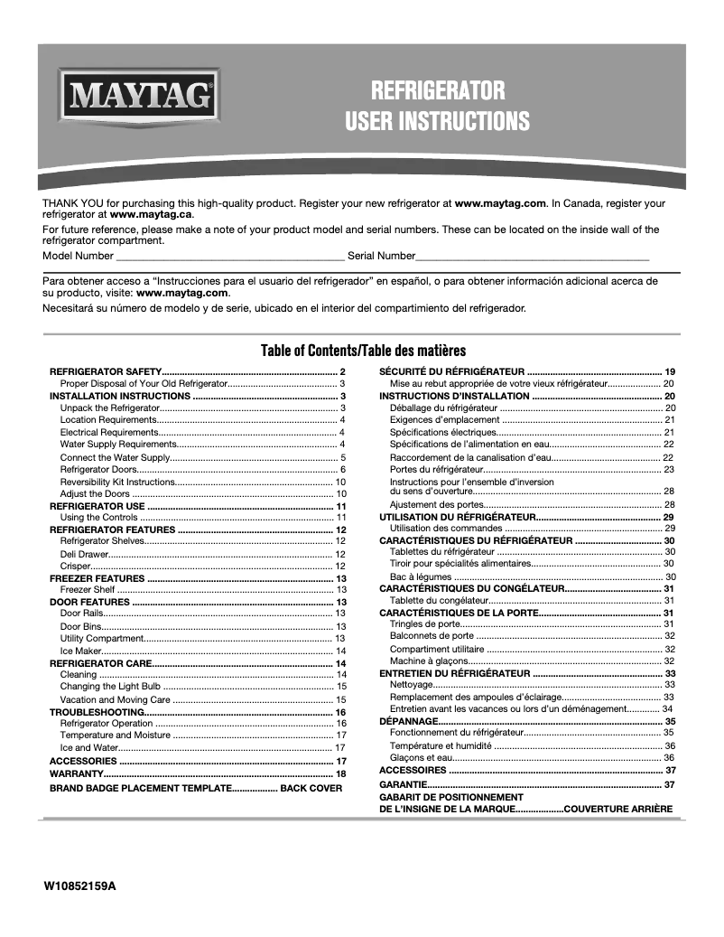 Page 1 de la notice Manuel utilisateur Maytag MRT118FFFWH