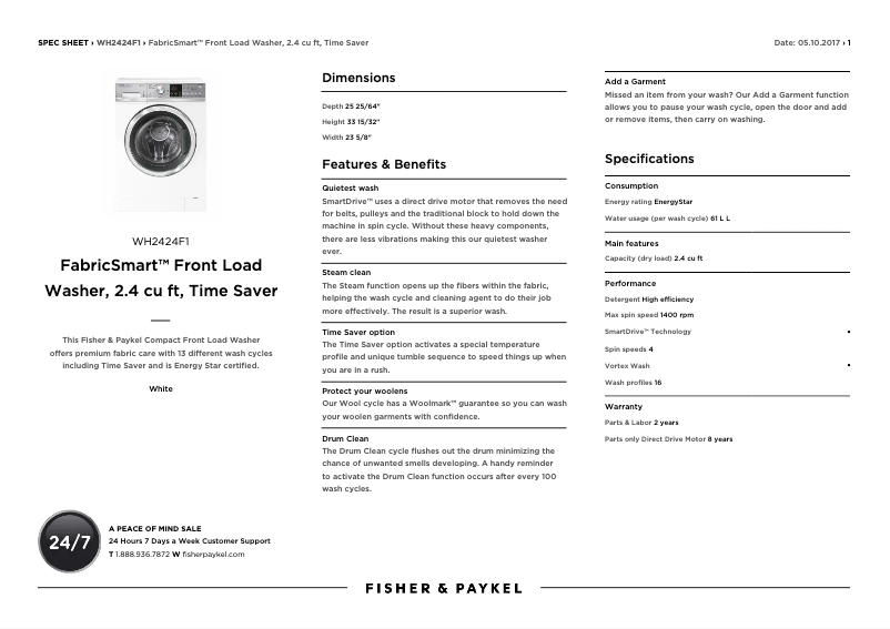 Página 1 del manual Ficha técnica Fisher & Paykel WH2424F1