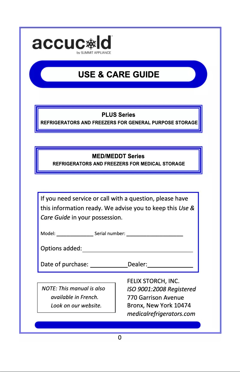 Page 1 de la notice Manuel d'utilisation et d'entretien Summit Accucold FS30L7MED