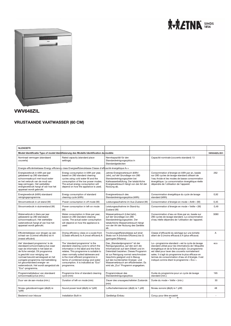 Page 1 of the manual Technical Sheet Etna VWV648ZIL
