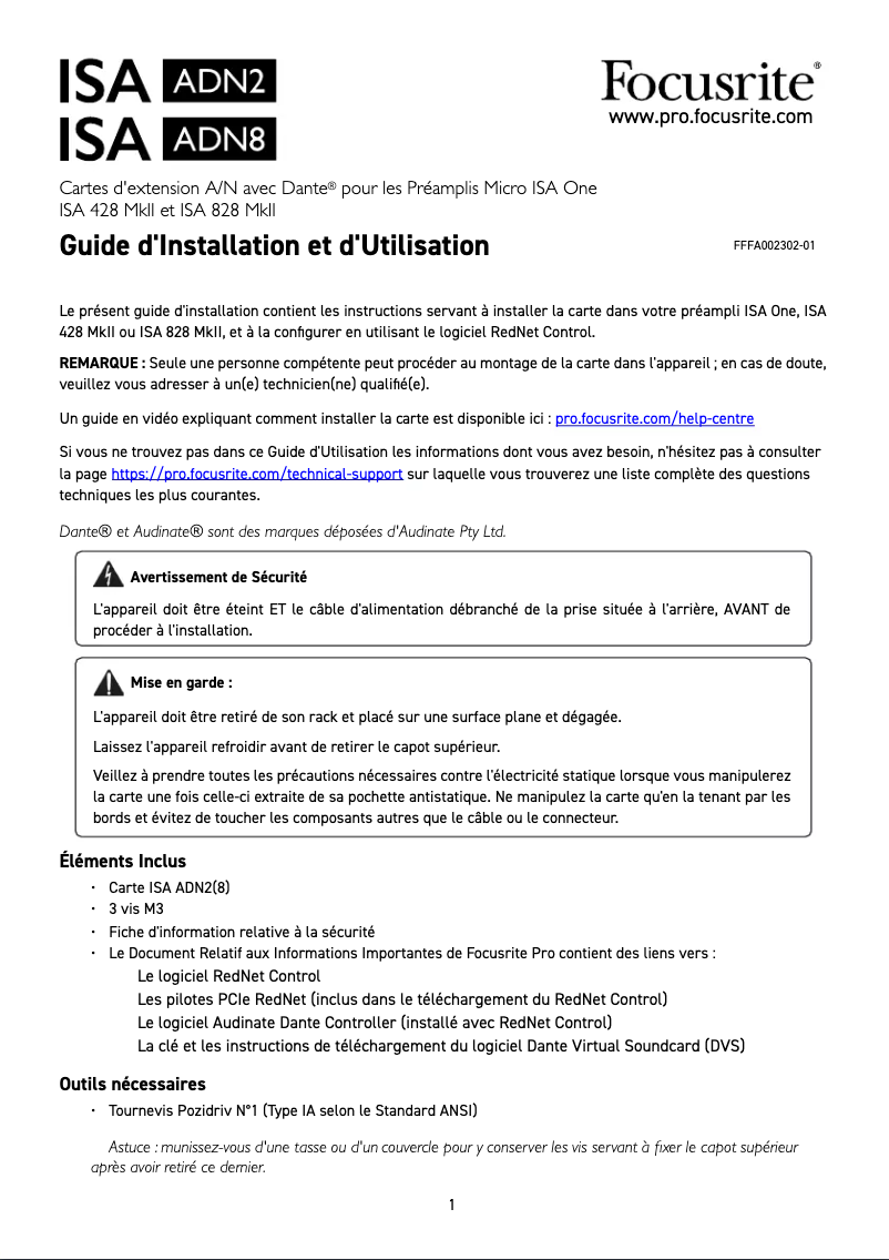 Page 1 de la notice Guide d'installation Focusrite ISA ADN8