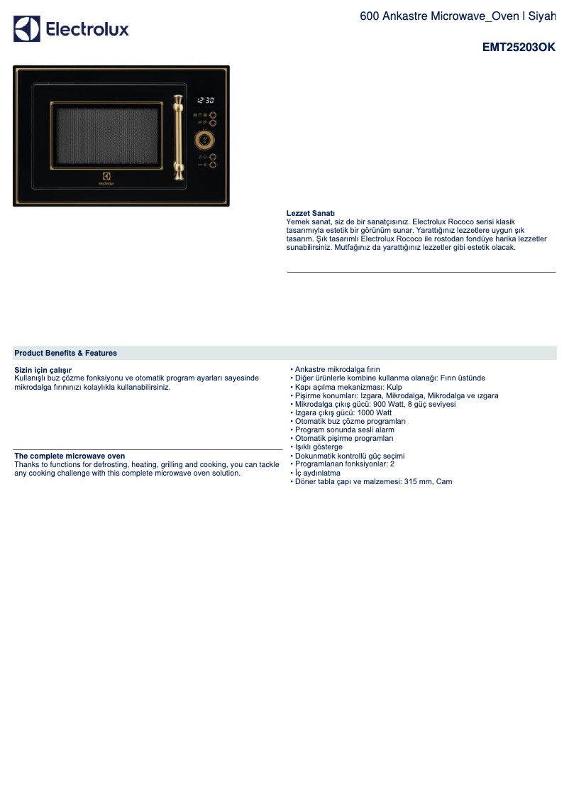 Página 1 del manual Ficha técnica Electrolux EMT25203OK