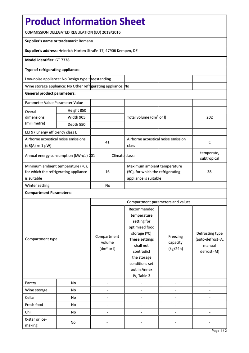 Page 1 de la notice Fiche technique Bomann GT 7338