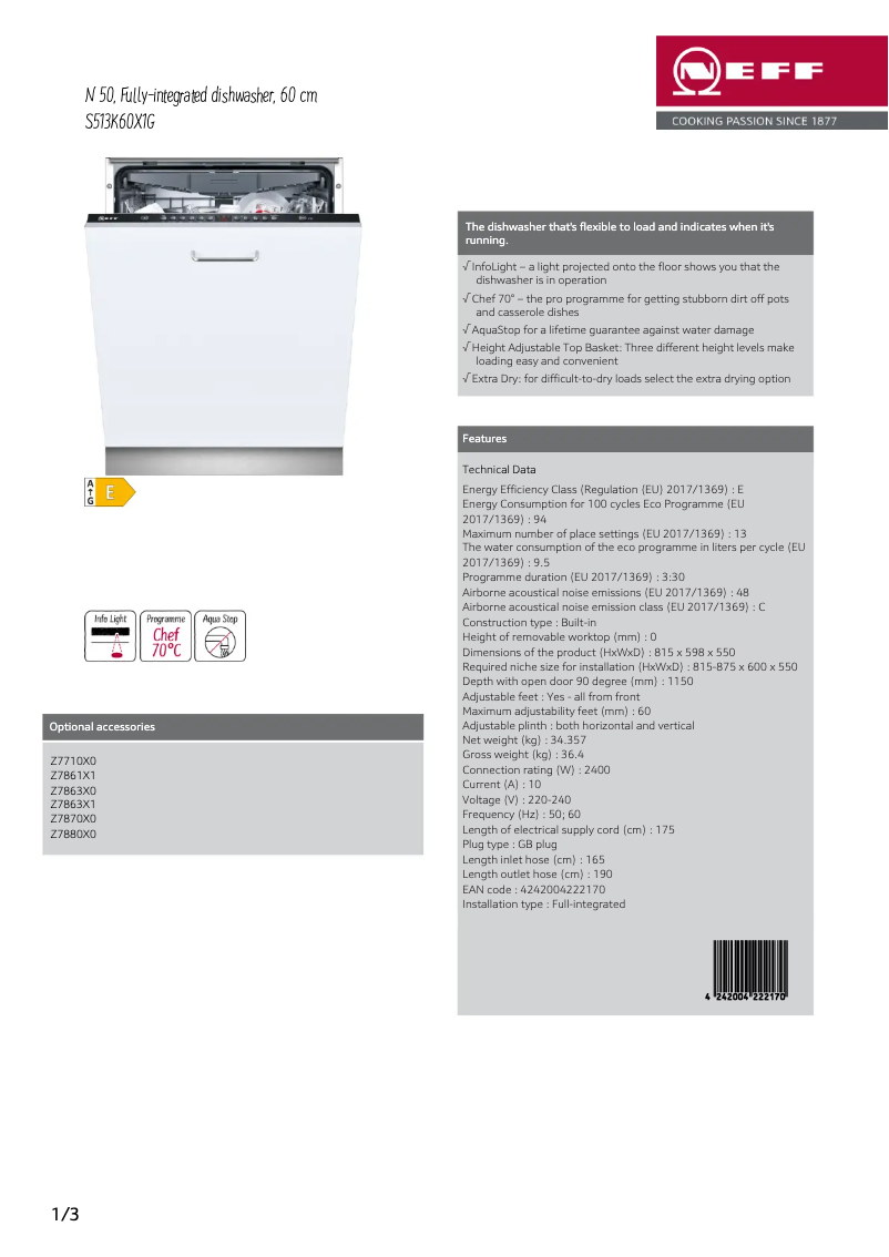 Página 1 del manual Ficha técnica Neff S513K60X1G