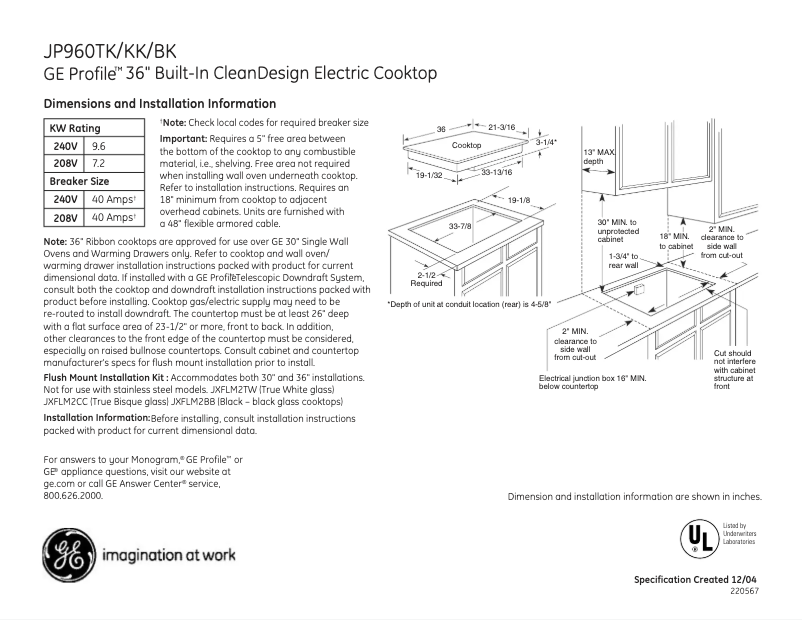 Page n°1 - Fiche technique GE Profile JP960BKBB
