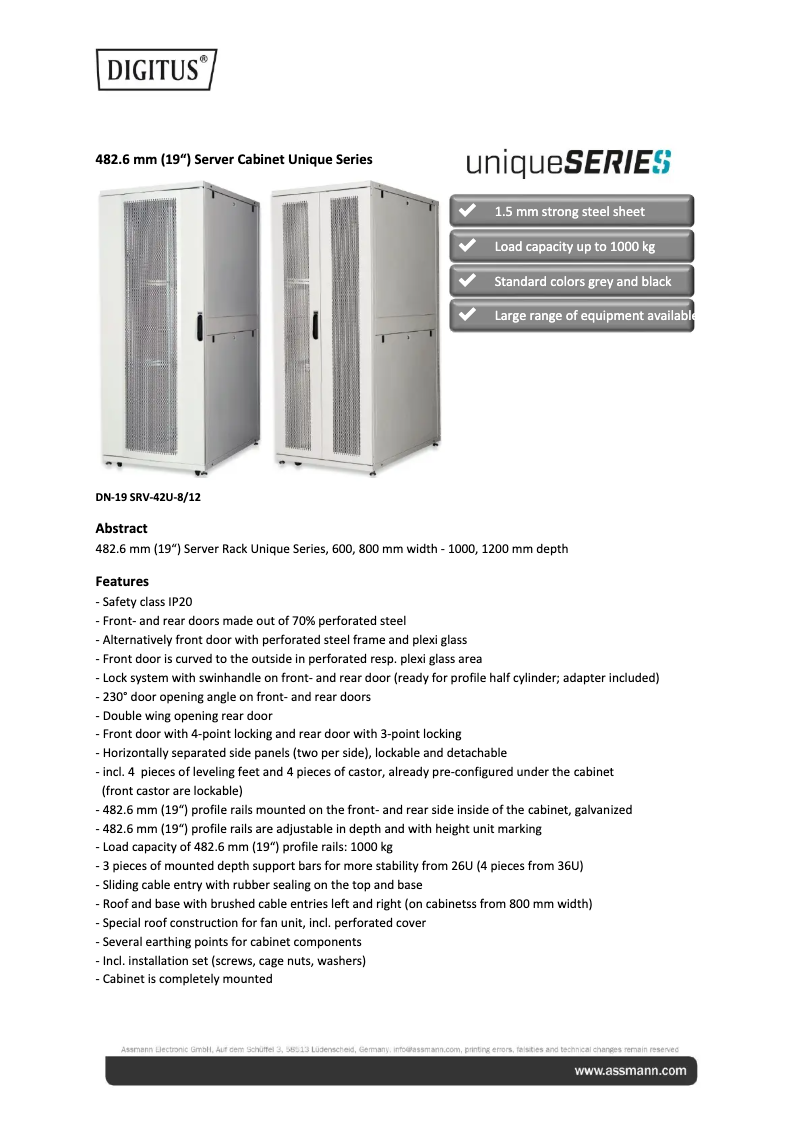 Page 1 de la notice Fiche technique Digitus DN-19 SRV-47U-8-1
