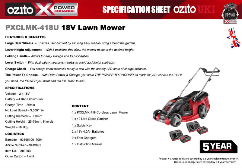 Page 1 de la notice Fiche technique Ozito PXCLMK-418U