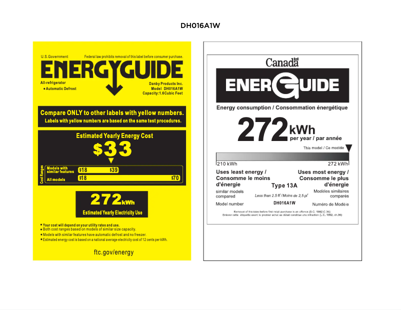 Page 1 de la notice Label énergétique Danby DH016A1W-D