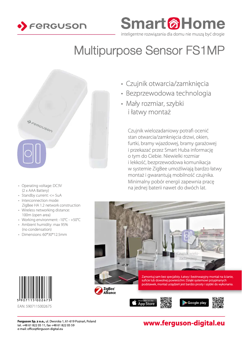 Page 1 de la notice Fiche technique Ferguson SmartHome Multipurpose Sensor FS1MP