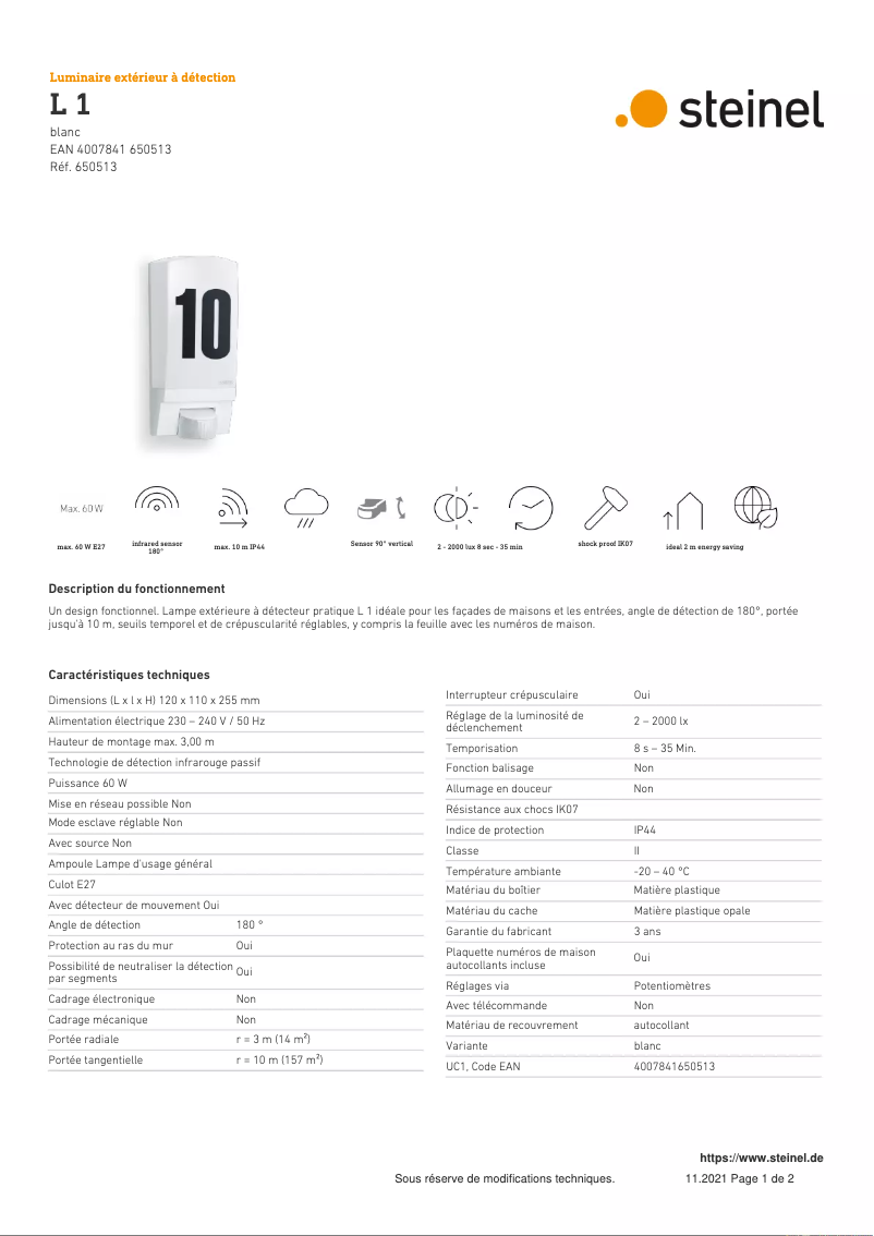 Page 1 de la notice Fiche technique Steinel L1