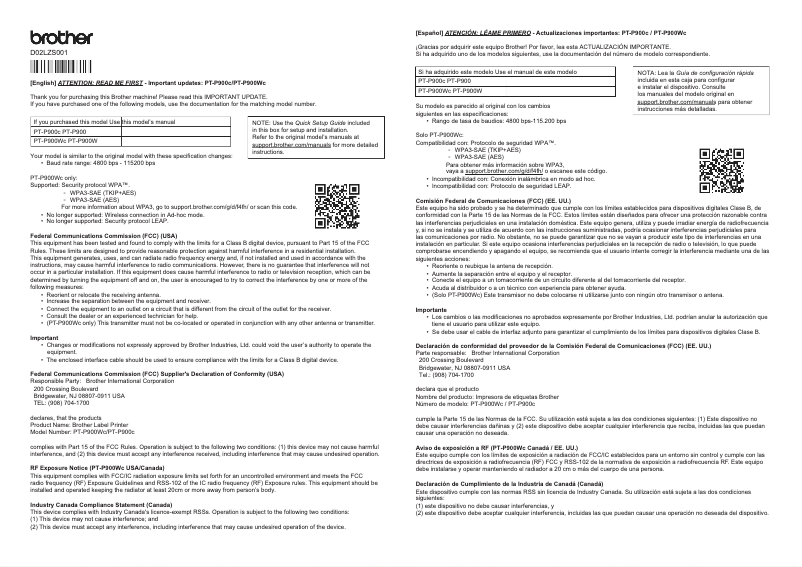 Page 1 de la notice Fiche technique Brother PT-P900W