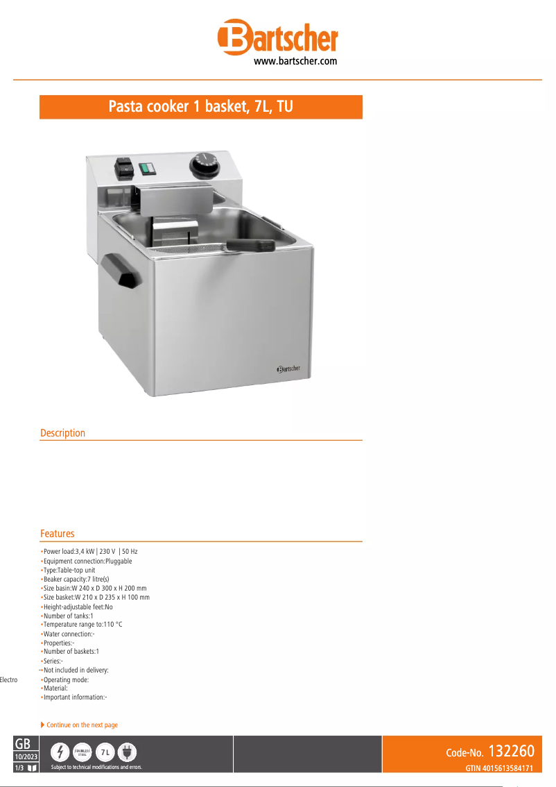 Page 1 de la notice Fiche technique Bartscher 132260