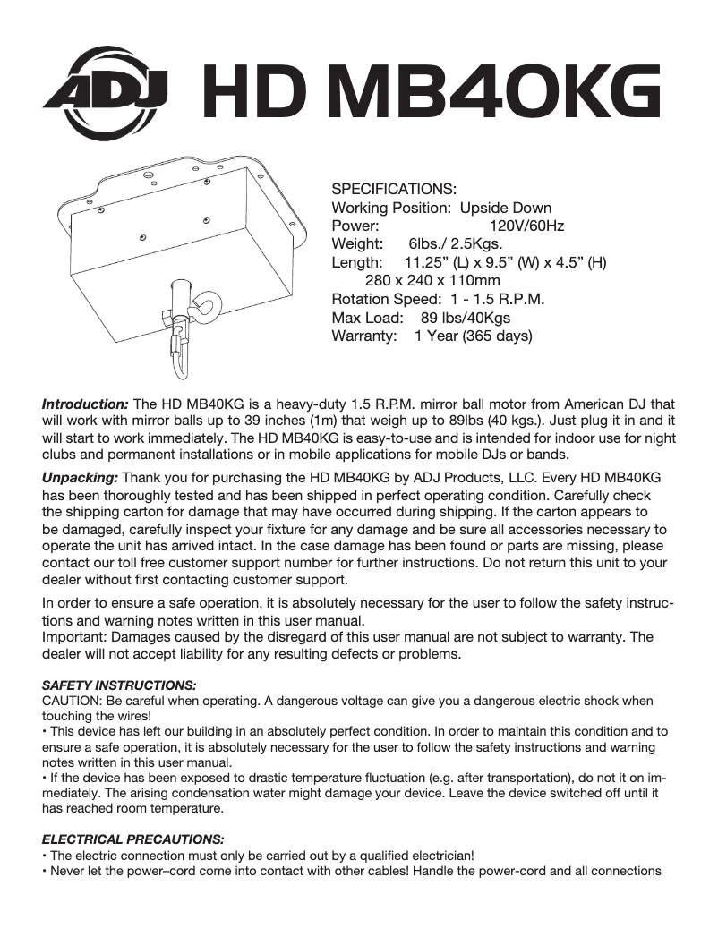 Page 1 de la notice Manuel utilisateur Adj HD MB40KG