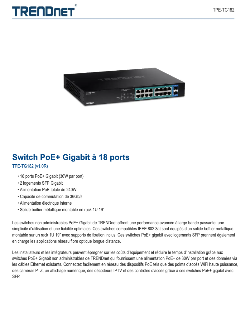 Page 1 de la notice Fiche technique TRENDnet TPE-TG182