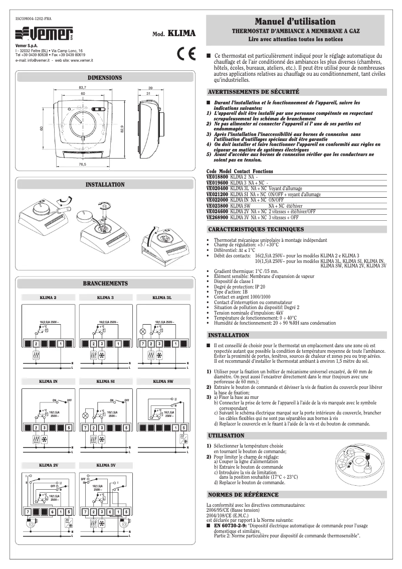 Page 1 de la notice Manuel utilisateur Vemer Klima SI