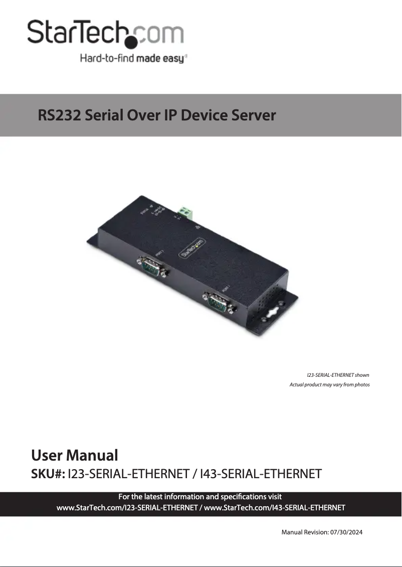 Page 1 de la notice Manuel utilisateur StarTech.com I43-SERIAL-ETHERNET